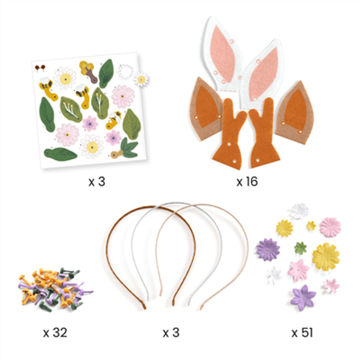 HOBBYSETT DIY – Hårbøyler med blomster og ører – 3 stk – Djeco
