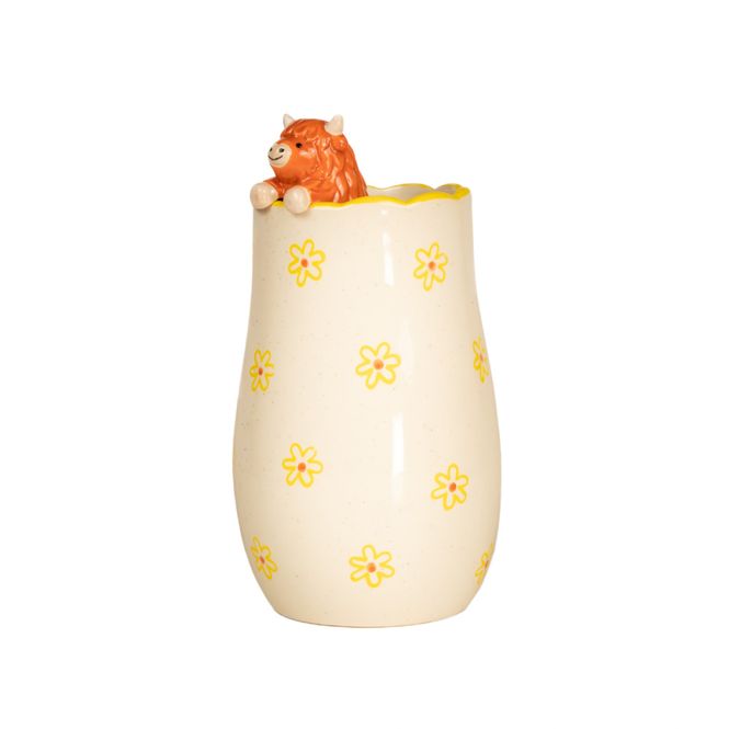 Hovedbilde VASE – Highland cow på kanten – Blomster i gul ...