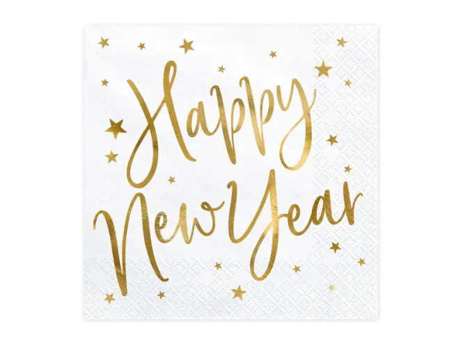 Hovedbilde SERVIETTER – Happy New Year – Hvite med gull ...
