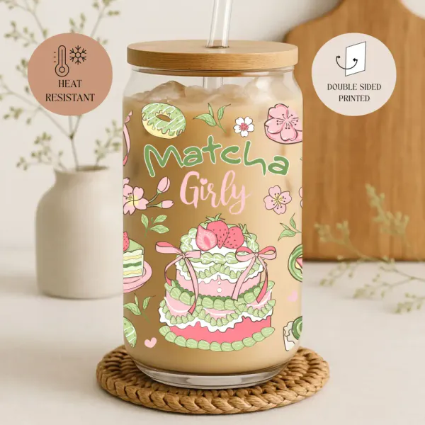 Hovedbilde DRIKKEGLASS MED LOKK OG SUGERØR – Matcha Girly 2 ...