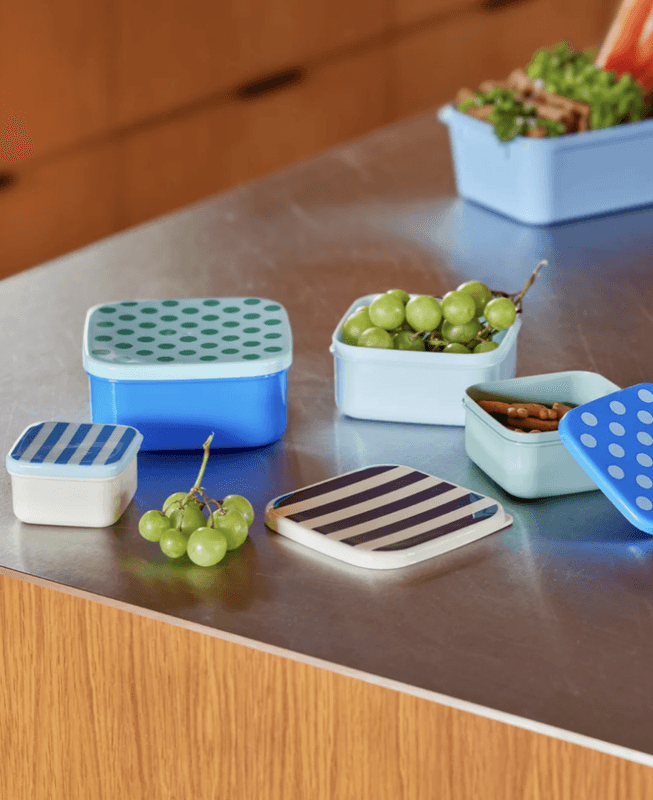 SETT MED 4 OPPBEVARINGSBOKSER – Blå – Striper og prikker – Rice