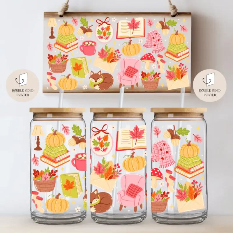 DRIKKEGLASS MED LOKK OG SUGERØR – Cozy Autumn Vibes Fox & Books – The Cute Cloud